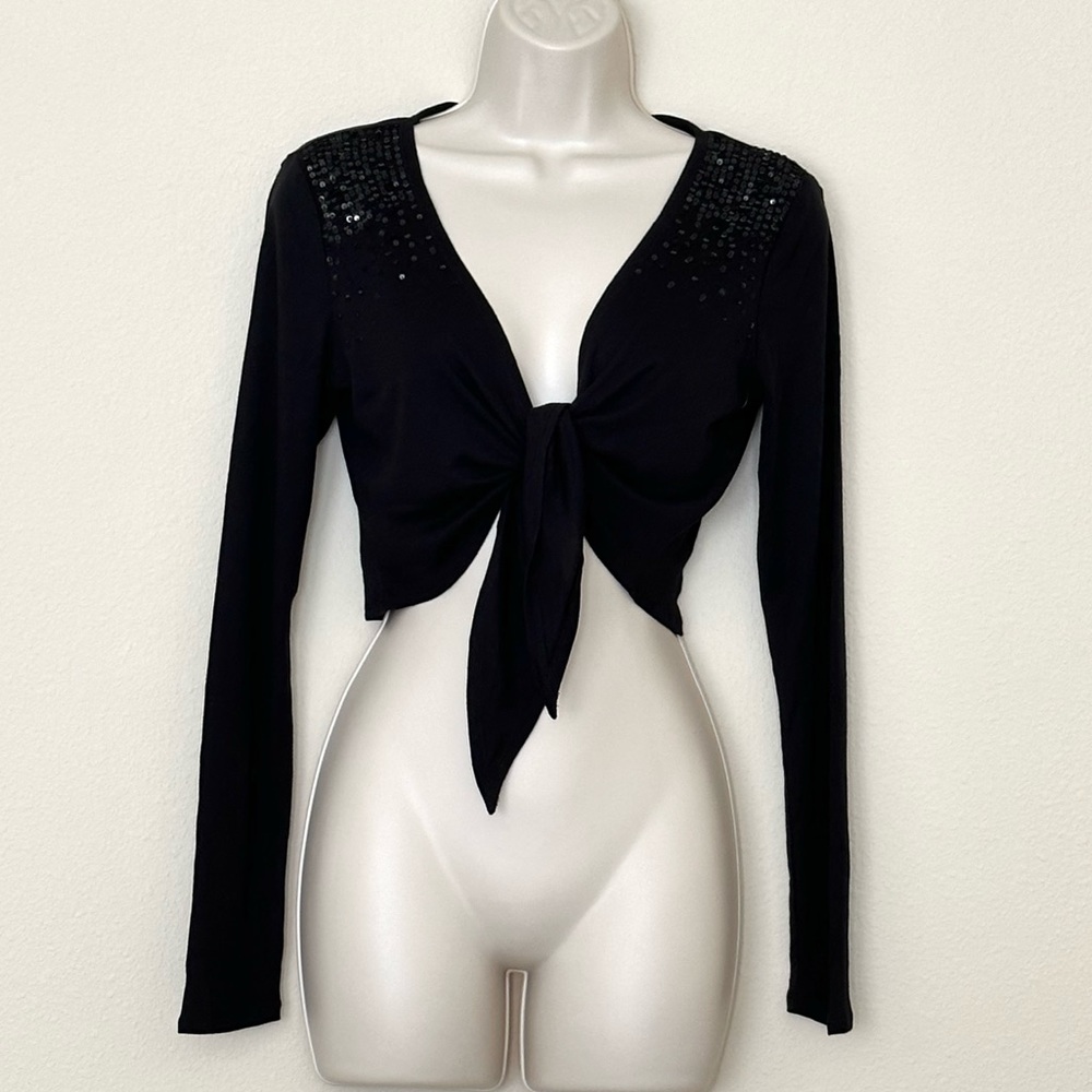 INC Sequin Tie Front Crop Shrug